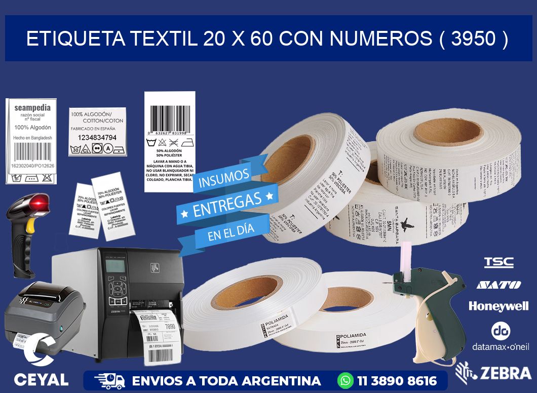 ETIQUETA TEXTIL 20 X 60 CON NUMEROS ( 3950 )