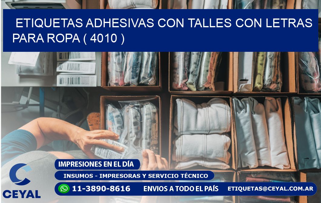 ETIQUETAS ADHESIVAS CON TALLES CON LETRAS PARA ROPA ( 4010 )