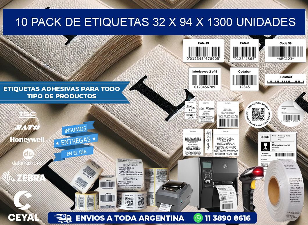 10 PACK DE ETIQUETAS 32 x 94 X 1300 UNIDADES