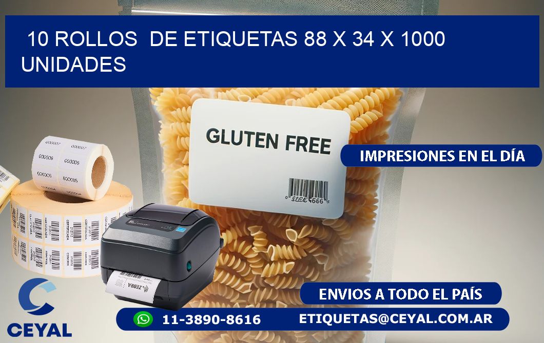 10 ROLLOS  DE ETIQUETAS 88 x 34 X 1000 UNIDADES