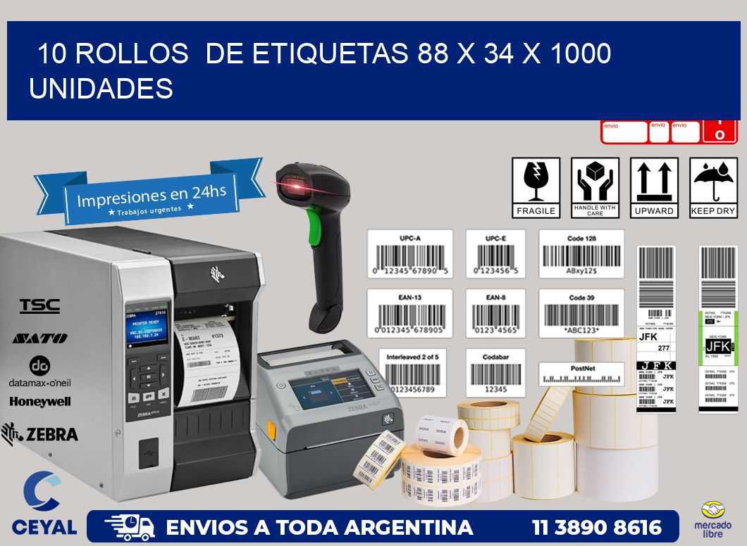 10 ROLLOS  DE ETIQUETAS 88 x 34 X 1000 UNIDADES