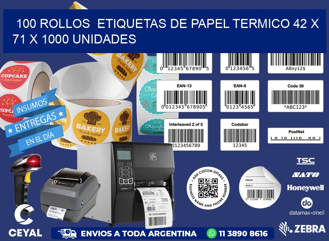 100 ROLLOS  ETIQUETAS DE PAPEL TERMICO 42 x 71 X 1000 UNIDADES