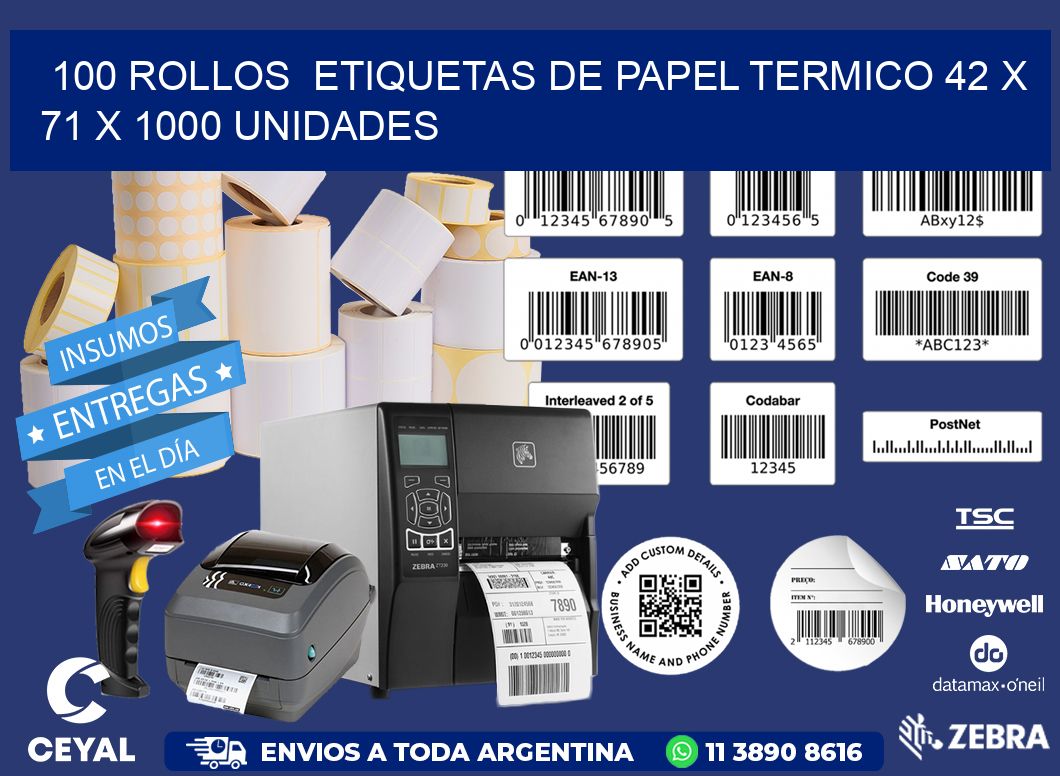 100 ROLLOS  ETIQUETAS DE PAPEL TERMICO 42 x 71 X 1000 UNIDADES