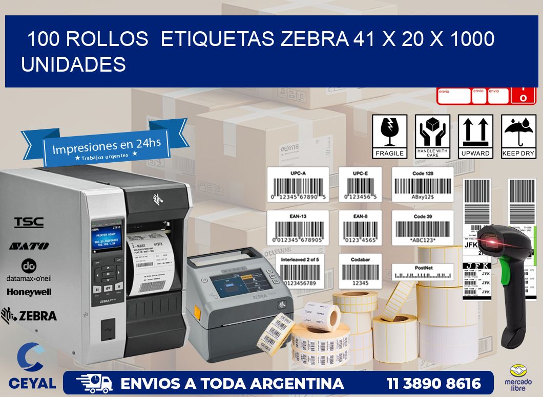 100 ROLLOS  ETIQUETAS ZEBRA 41 x 20 X 1000 UNIDADES