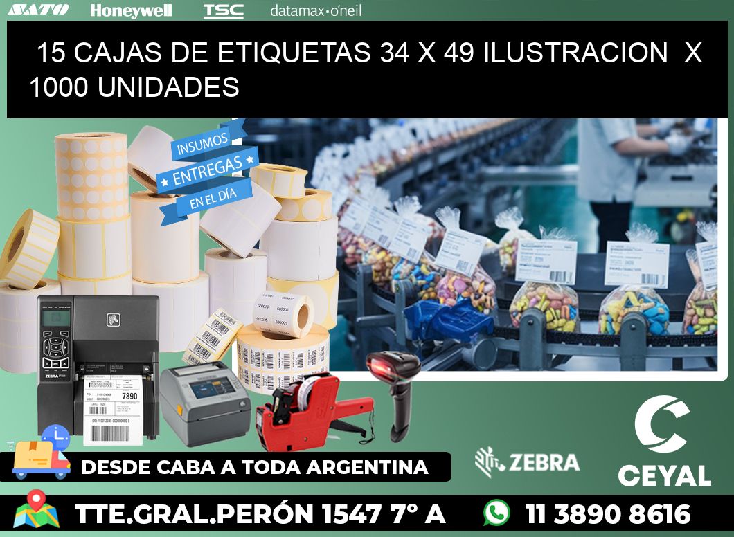 15 CAJAS DE ETIQUETAS 34 x 49 ILUSTRACION  X 1000 UNIDADES