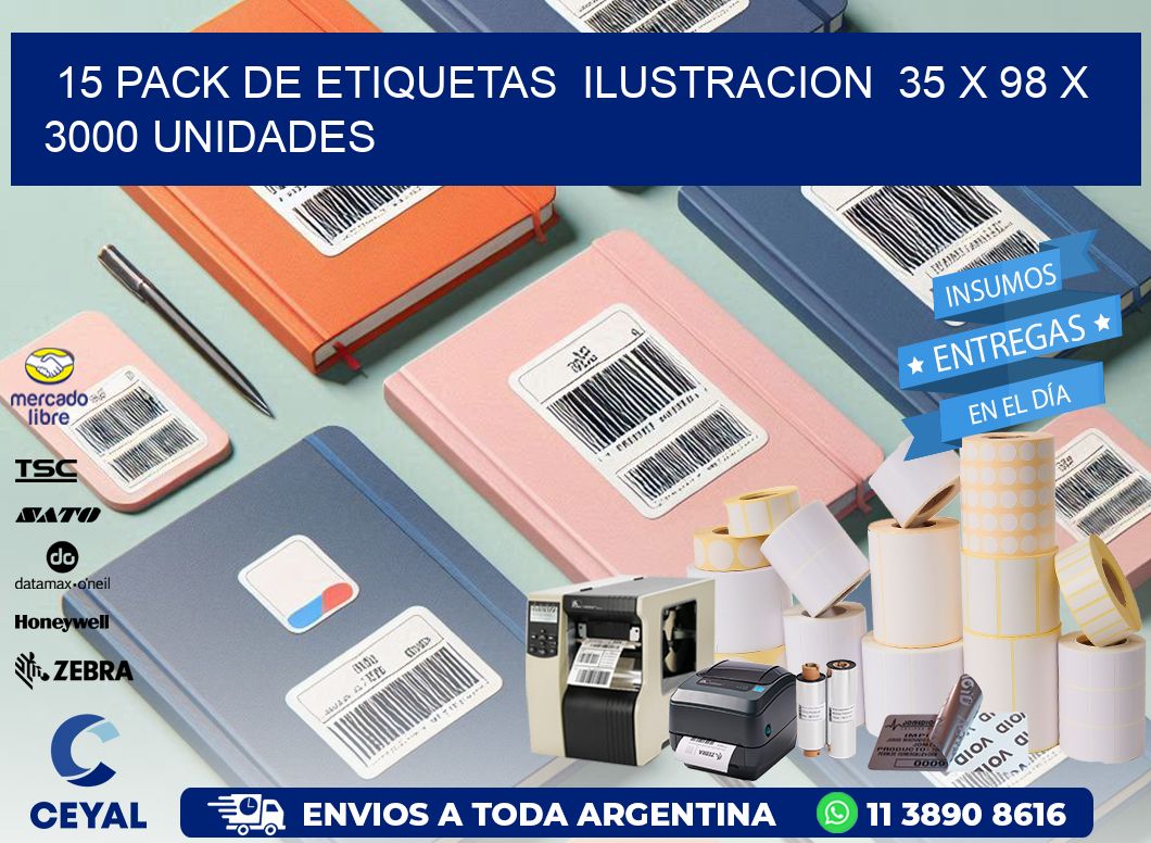 15 PACK DE ETIQUETAS  ILUSTRACION  35 x 98 X 3000 UNIDADES