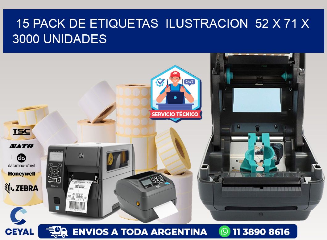 15 PACK DE ETIQUETAS  ILUSTRACION  52 x 71 X 3000 UNIDADES