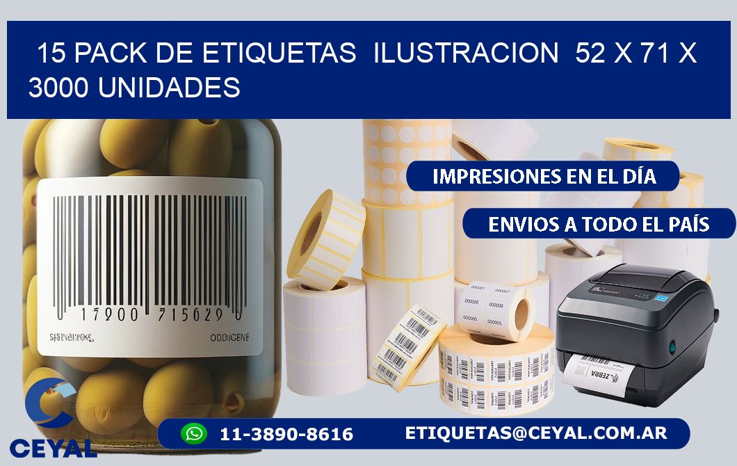 15 PACK DE ETIQUETAS  ILUSTRACION  52 x 71 X 3000 UNIDADES