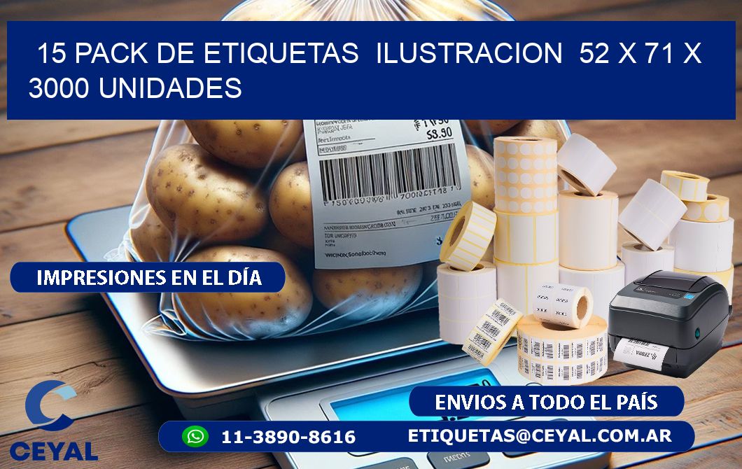 15 PACK DE ETIQUETAS  ILUSTRACION  52 x 71 X 3000 UNIDADES