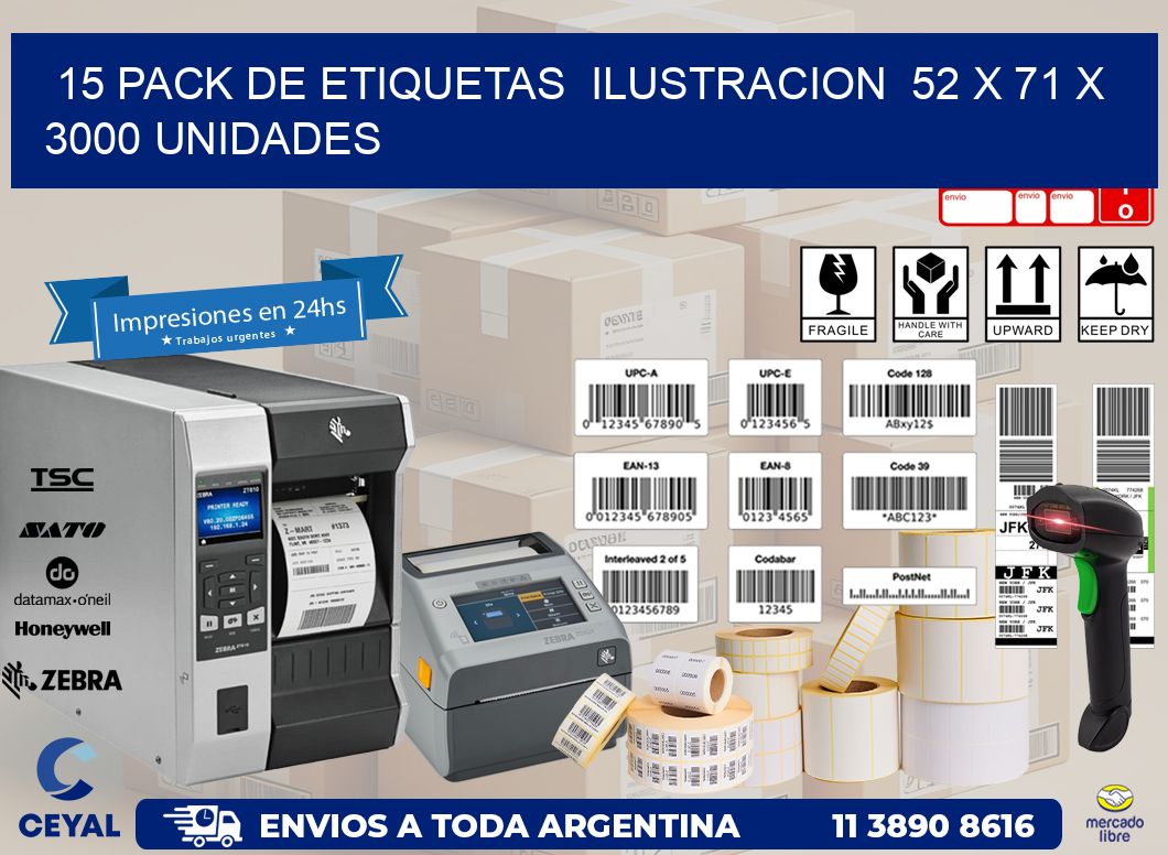 15 PACK DE ETIQUETAS  ILUSTRACION  52 x 71 X 3000 UNIDADES