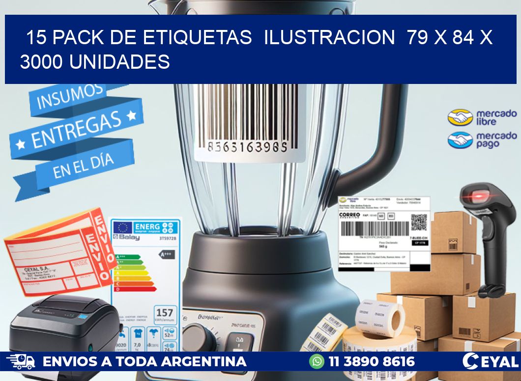 15 PACK DE ETIQUETAS  ILUSTRACION  79 x 84 X 3000 UNIDADES