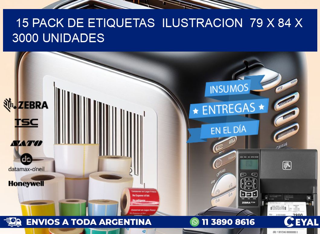 15 PACK DE ETIQUETAS  ILUSTRACION  79 x 84 X 3000 UNIDADES