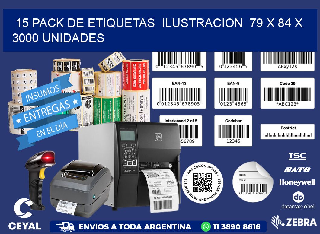 15 PACK DE ETIQUETAS  ILUSTRACION  79 x 84 X 3000 UNIDADES