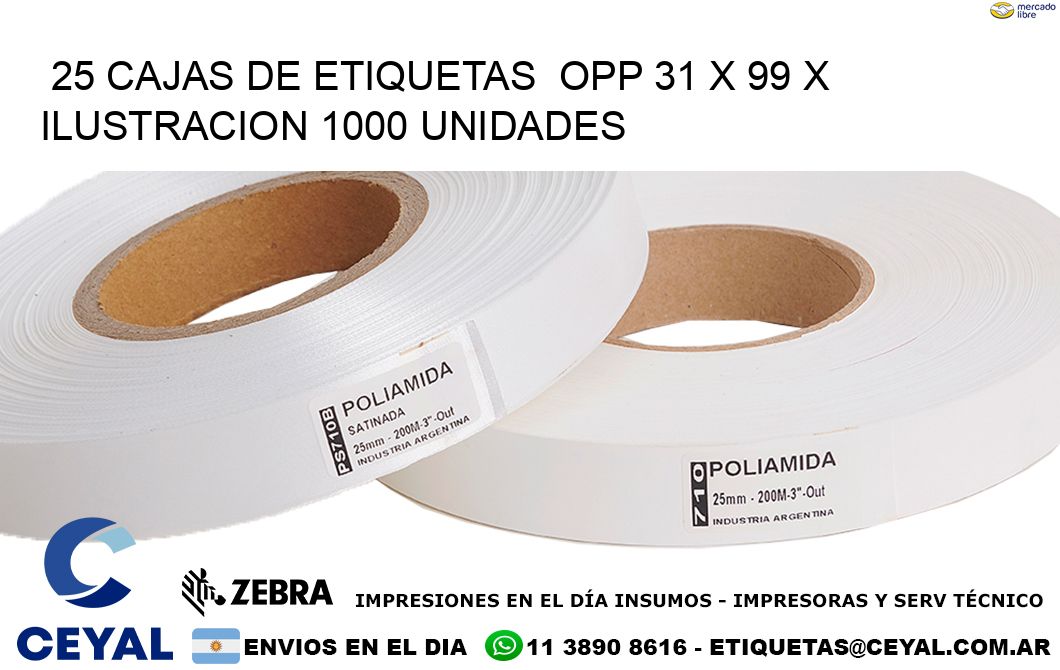 25 CAJAS DE ETIQUETAS  OPP 31 x 99 X ILUSTRACION 1000 UNIDADES