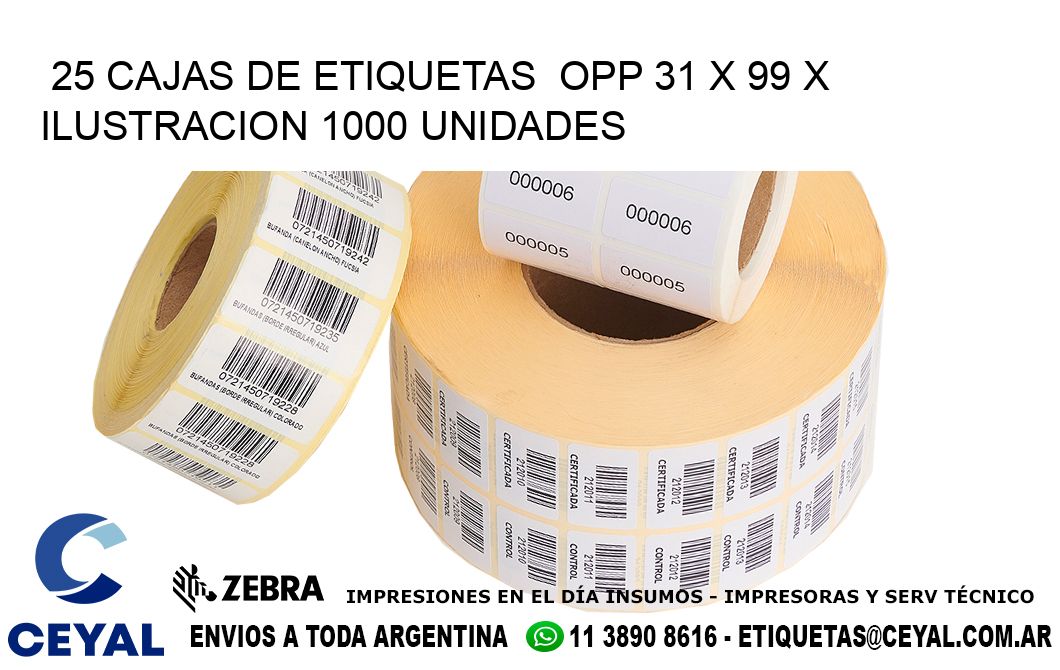 25 CAJAS DE ETIQUETAS  OPP 31 x 99 X ILUSTRACION 1000 UNIDADES