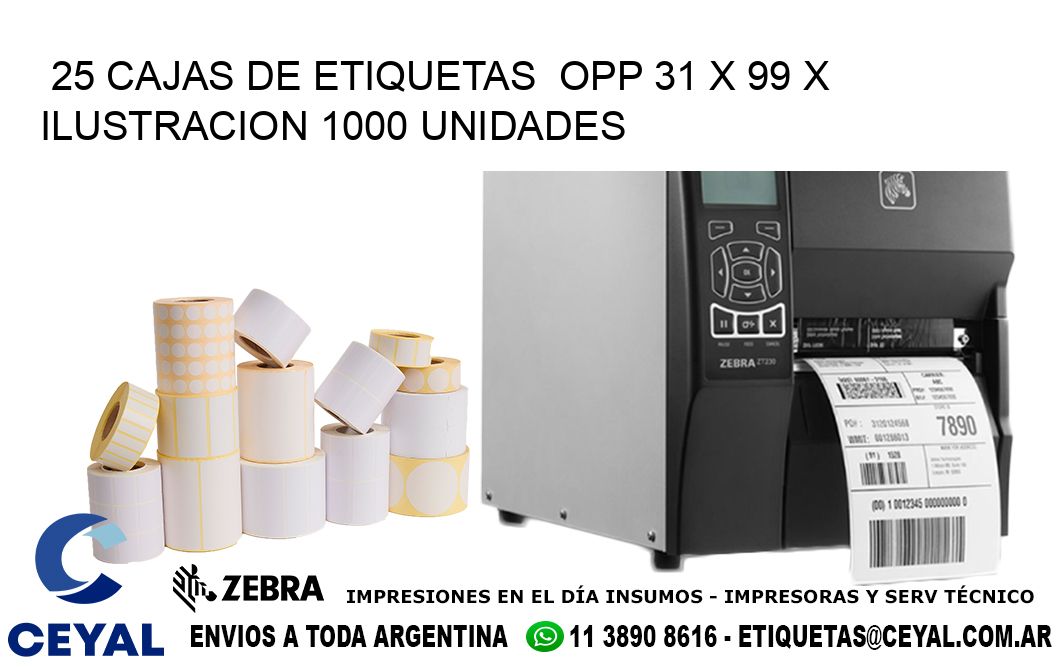 25 CAJAS DE ETIQUETAS  OPP 31 x 99 X ILUSTRACION 1000 UNIDADES