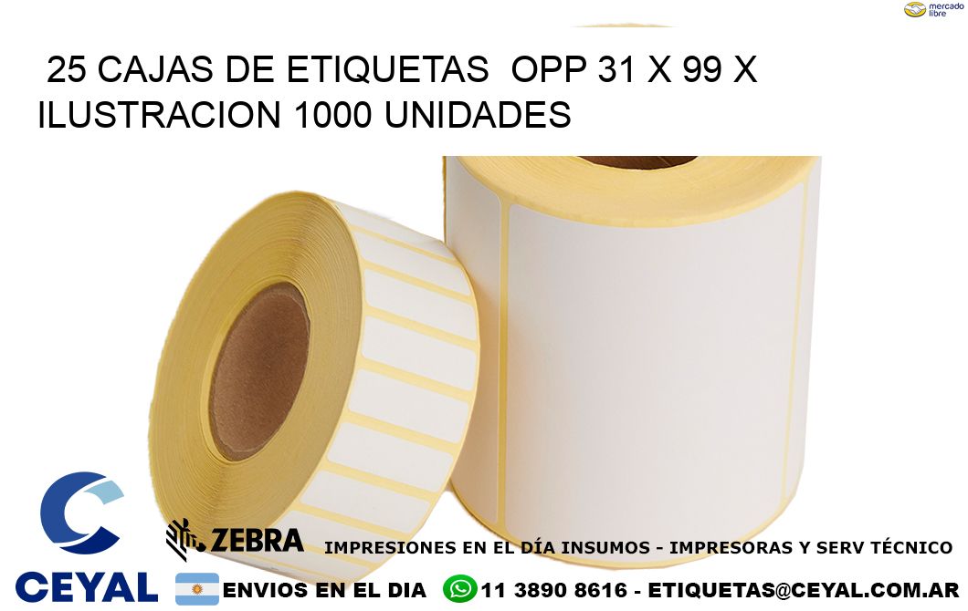 25 CAJAS DE ETIQUETAS  OPP 31 x 99 X ILUSTRACION 1000 UNIDADES