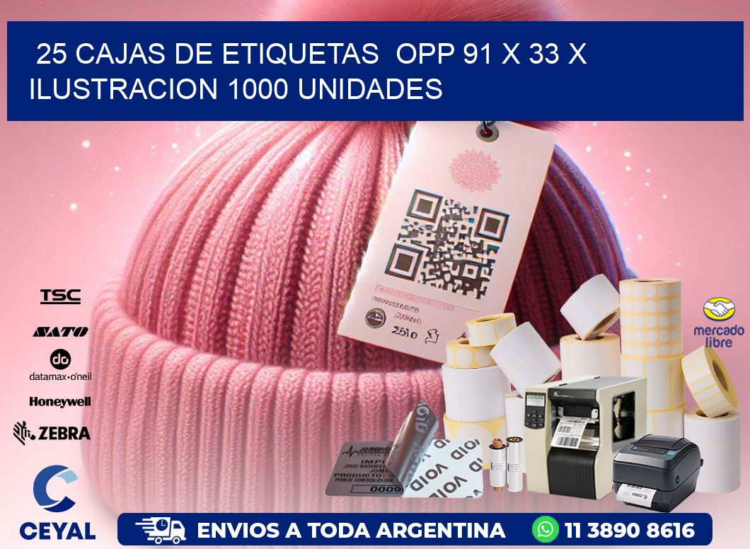 25 CAJAS DE ETIQUETAS  OPP 91 x 33 X ILUSTRACION 1000 UNIDADES