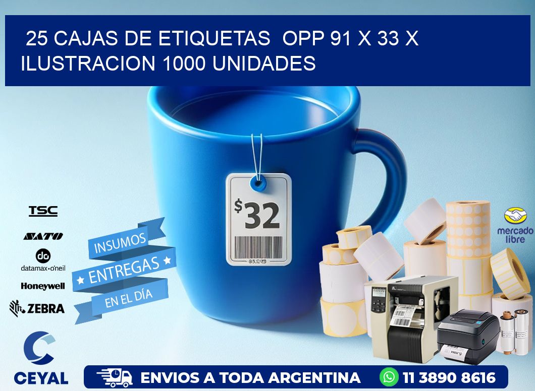 25 CAJAS DE ETIQUETAS  OPP 91 x 33 X ILUSTRACION 1000 UNIDADES