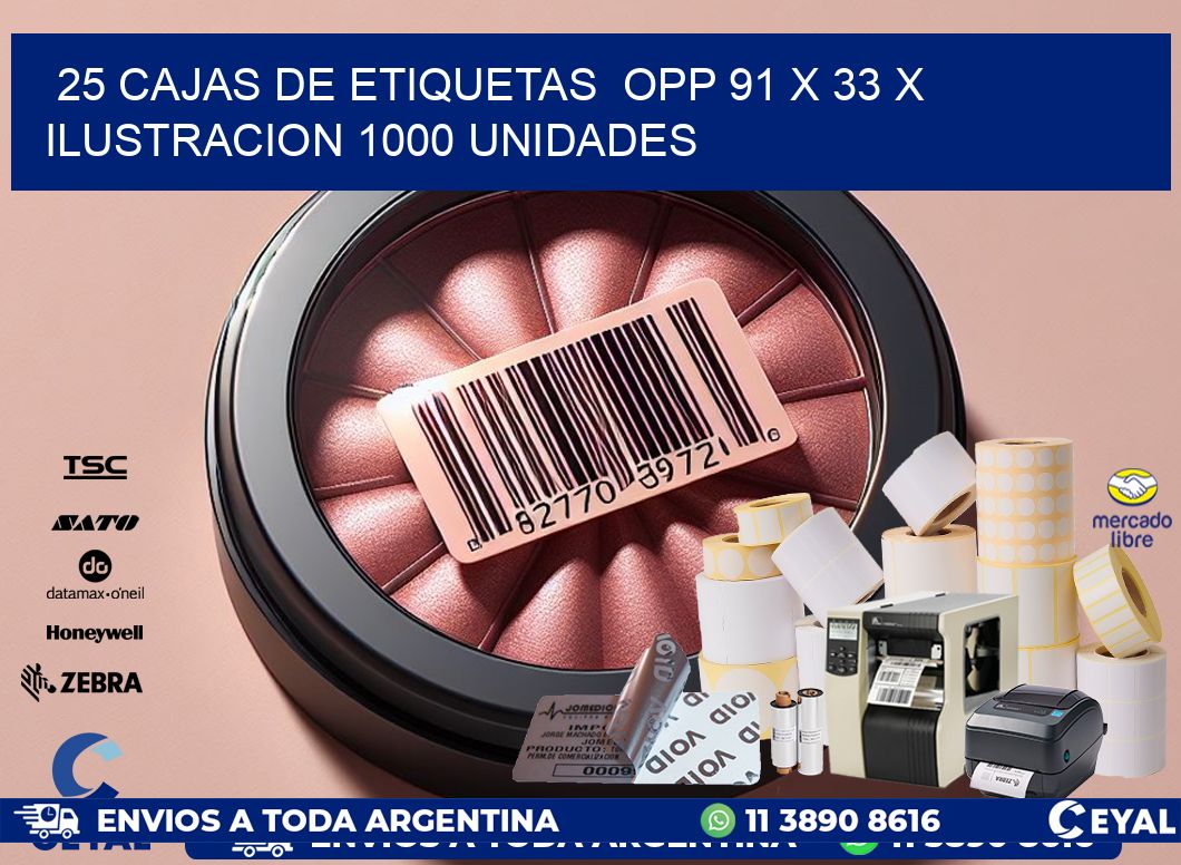 25 CAJAS DE ETIQUETAS  OPP 91 x 33 X ILUSTRACION 1000 UNIDADES