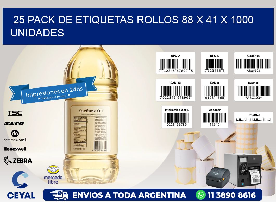 25 PACK DE ETIQUETAS ROLLOS 88 x 41 X 1000 UNIDADES