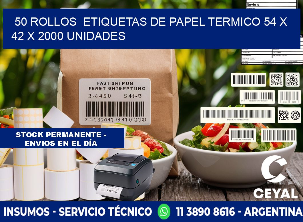 50 ROLLOS  ETIQUETAS DE PAPEL TERMICO 54 x 42 X 2000 UNIDADES