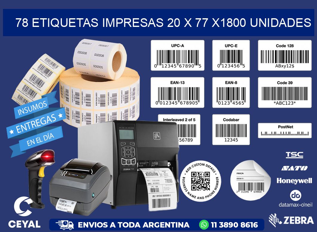 78 ETIQUETAS IMPRESAS 20 x 77 X1800 UNIDADES